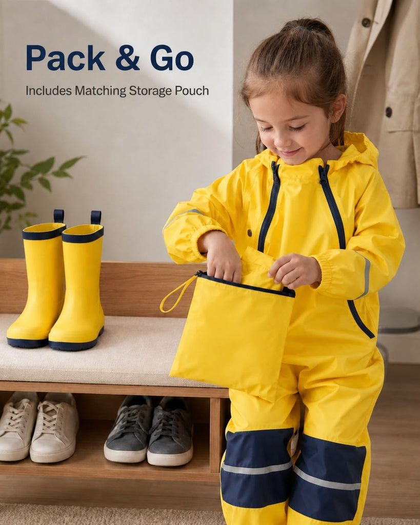 Kids Waterproof Rain Suit Coverall, Hooded One-Piece Puddle Suit for Outdoor Play & Muddy Days