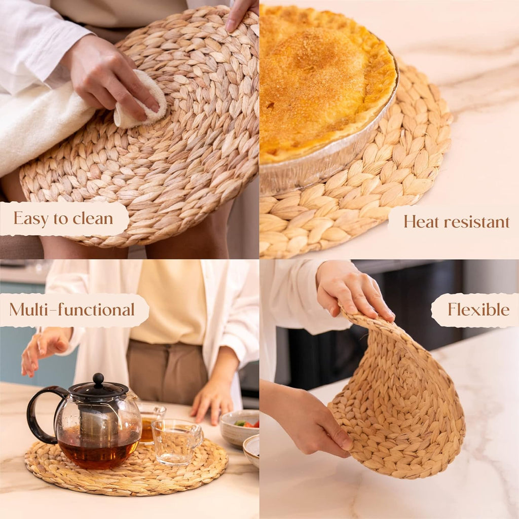 Round Woven Placemats Set of 4, Natural Water Hyacinth Place Mats, Boho Wicker Placemats, Table Mats for Dining Table