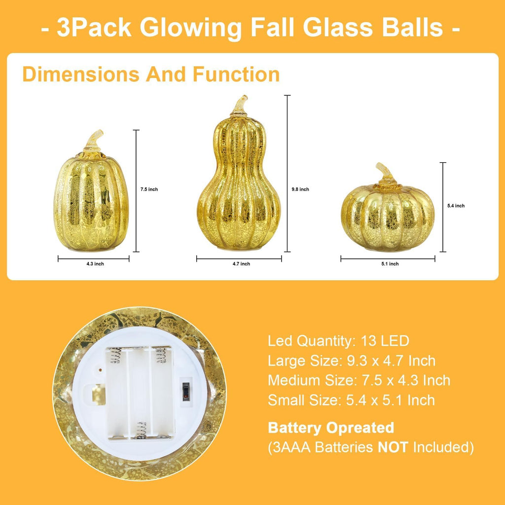 Lighted Glass Pumpkin Decor, Set of 3 Gold Mercury Glass Pumpkins with Lights and Timer for Fall Thanksgiving
