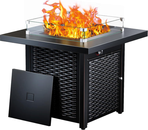 Propane Fire Pit, 28″ Outdoor Gas Fire Pit, 50,000 BTU Steel Fire Table with Glass Wind Guard, Lid & Lava Rock