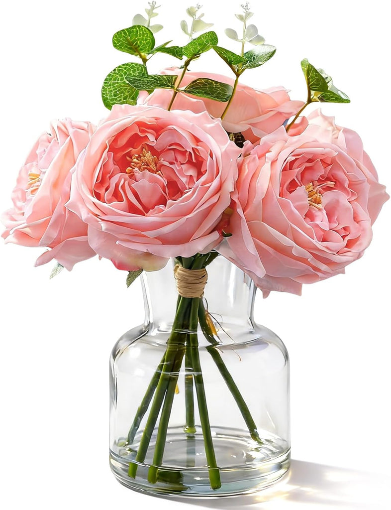 Real to Touch Penoies Artificial Flowers, Faux Austin Rose in Vase with Big Bloom and Fake Water Real Latex - Set of 6