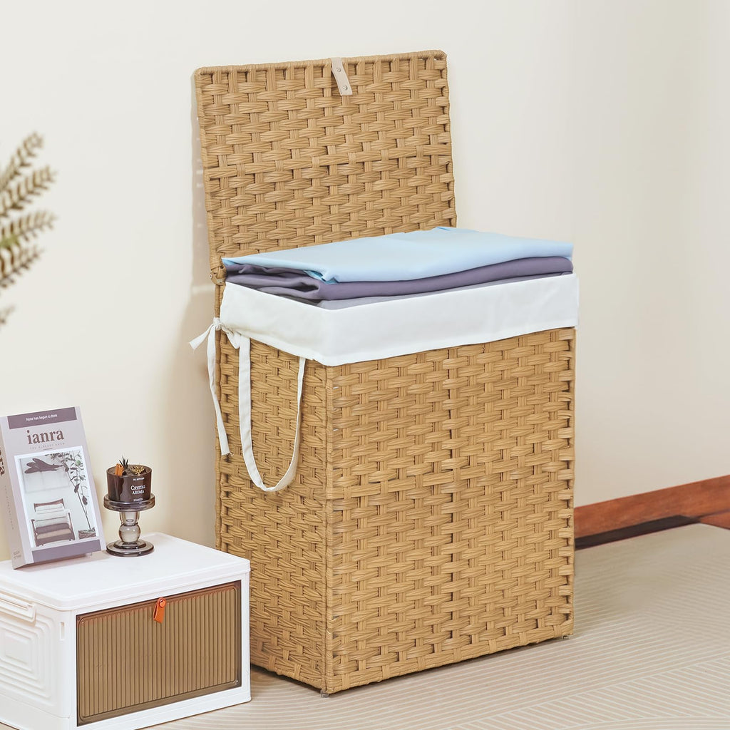 Laundry Basket with Lid, 90L Wicker Laundry Hampers, Goose Yellow