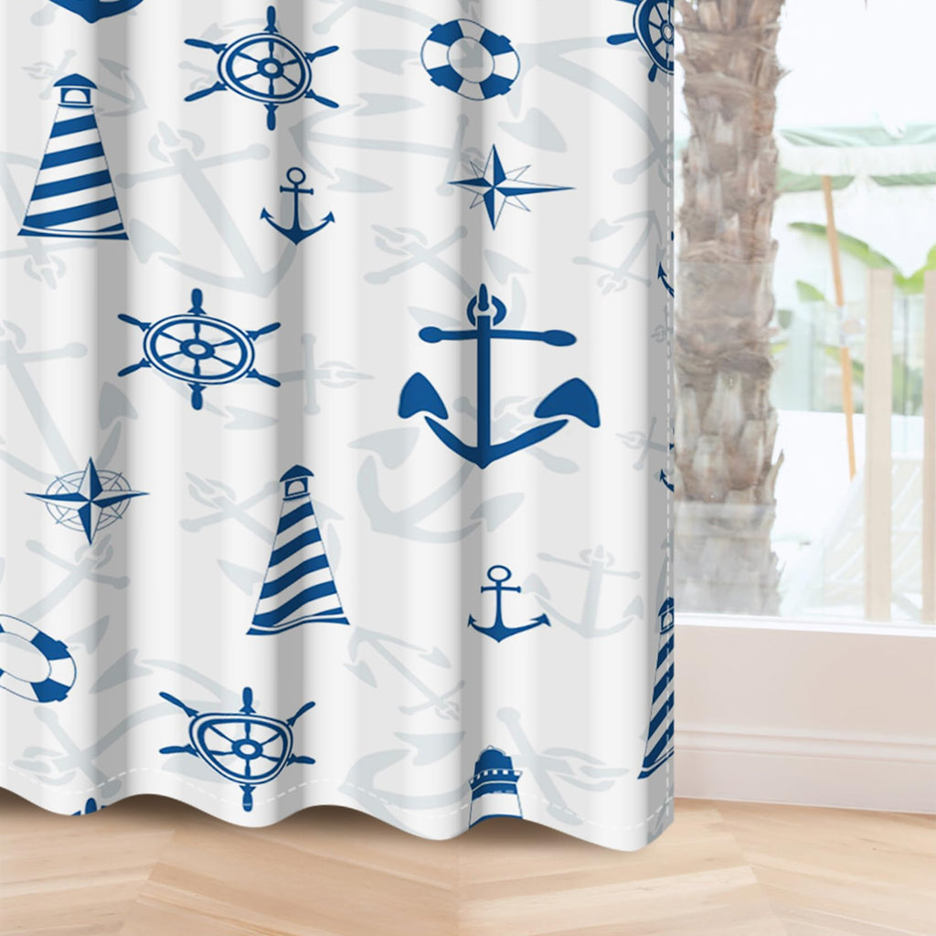 White Blue Nautical Curtains Marine Theme Anchor Compass Sailing Element Blackout Grommet Window Drapes for Adults