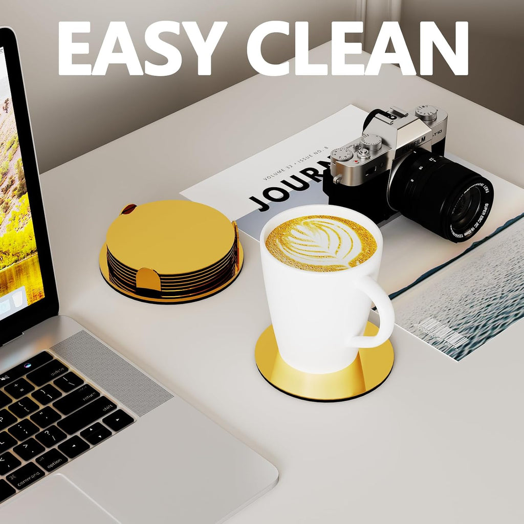 Gold Stainless Steel Coasters with Holder, Modern Mirror Drink Coaster, Unique Round Cup Coasters - Set of 6