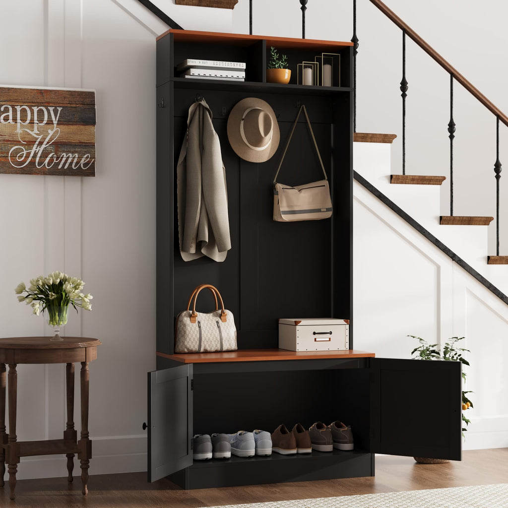 Entryway Hall Tree with Bench and Storage, 5-in-1 Farmhouse Coat Rack with 7 Hooks, Bench with Coat Rack with Storage