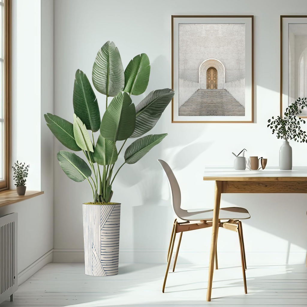Artificial Tree in Geometric Pattern Planter, Fake Bird of Paradise Silk Tree for Indoor and Outdoor Home Decoration
