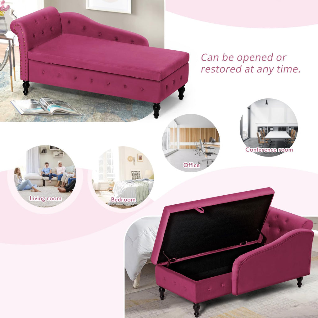 Velvet Chaise Lounge w/Left Armrest & Storage Space, Fuchsia