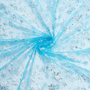1 Yard Snowflake Tulle Fabric, 63inch Blue Sheer Organza Fabric with Silver Foil Snowflake Print for Garment