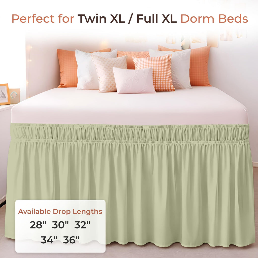 Dorm Bed Skirt Full XL 34 Inch Drop -No Lift Easy Install Wrap Around, Extra Long Elastic Dust Ruffle, Wrinkle & Fade
