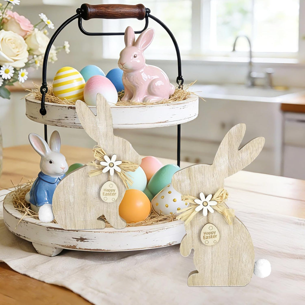 Easter Wooden Bunny Table Decor,Farmhouse Rabbit with Pompom Ball Table Centerpiece Signs,Easter Tiered Tray - Set of 2