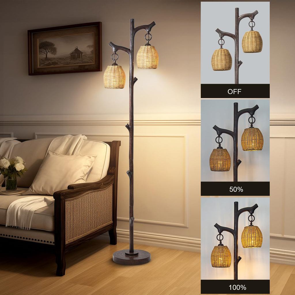 68" Tall Floor Lamp with Wicker Drum Shade, Foot Switch Dimming