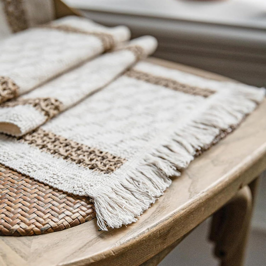Boho Placemats, 12x18 Inch Natural Cotton Burlap and Kitchen Woven Placemats with Tassels for Dining Table - Set of 6