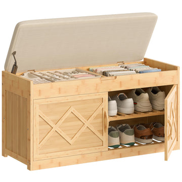 Shoe Bench, Shoe Storage Bench with Cushion, Bamboo Entryway Bench with Hidden Compartment, Storage Bench with Lift