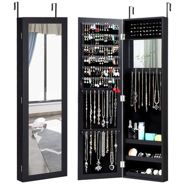 Door/Wall-Mounted Jewelry Cabinet, Jewelry Organizer w/ Full-Length Mirror, Makeup Mirror, Ring holders, Necklace