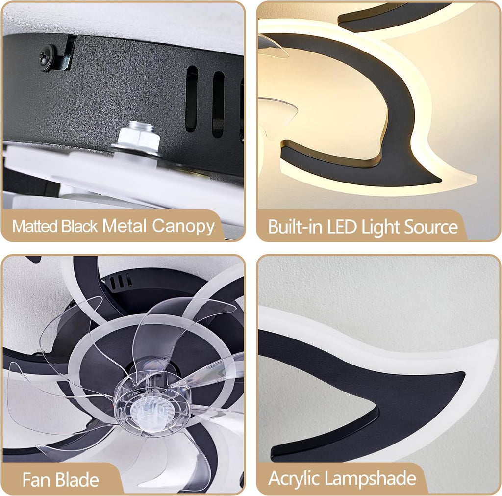 35" Black Modern Ceiling Fan with Light Remote Control, 3 Light Color 6 Speeds Samll Low Profile Ceiling Fan