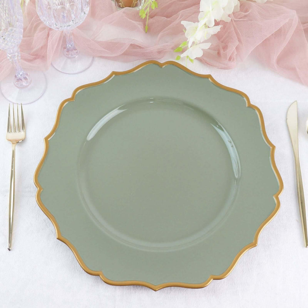 13" Charger Plates - Set of 12 - Dusty Sage Green Round Acrylic Chargers with Scalloped Rim, Ideal for Dinner Party