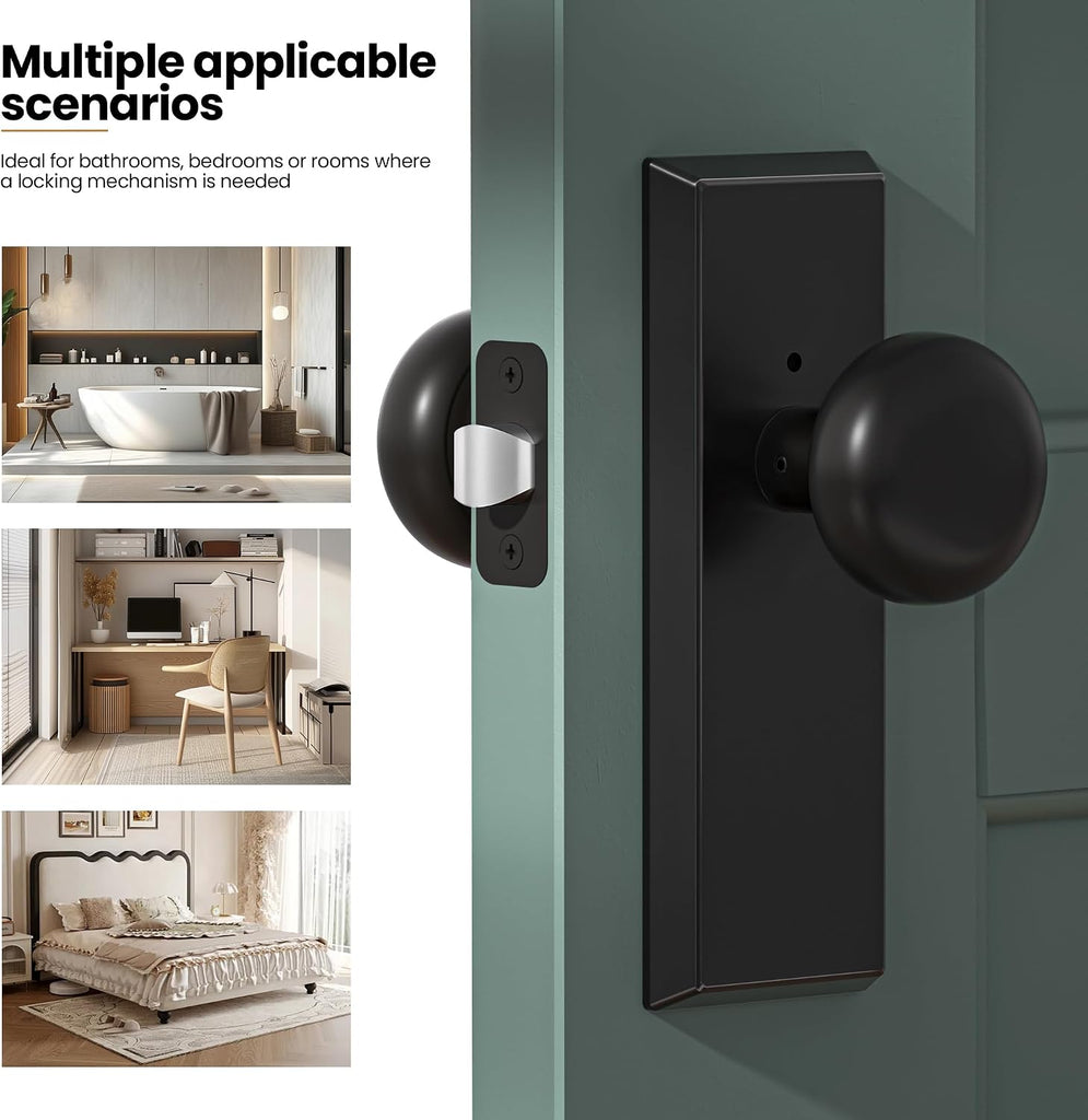 Matte Black Privacy Door Knob with Lock - Bedroom & Bathroom Door Handle Set, Antique Brass Finish Vintage Design