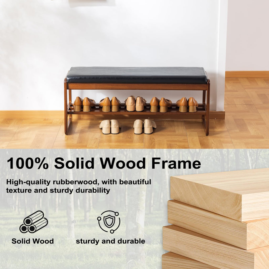 Solid Wood Shoe Bench, 2-Tier Wooden Entryway Bench, Modern Shoe Rack with Cushion (Black, 39.4'')