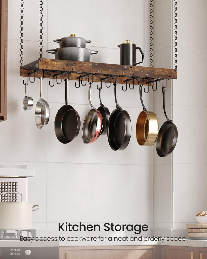 Hanging Pot Rack, Ceiling Wall Mounted Pot Rack, Industrial Style Pot Hanger with 18 Hooks, Cookware Storage