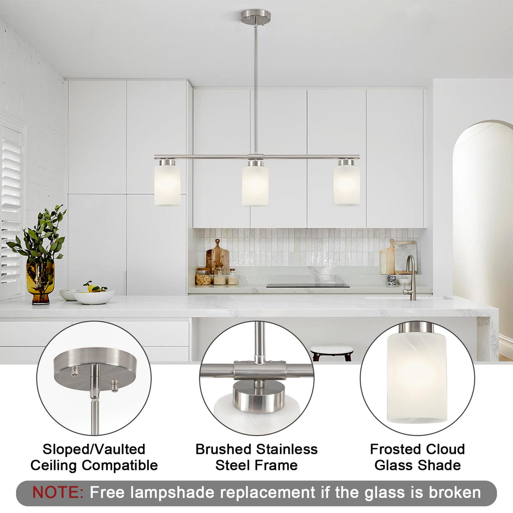 Kitchen Island Lighting Brushed Nickel Dining Room Light Fixture with Milk Glass Shade 31" Modern Linear