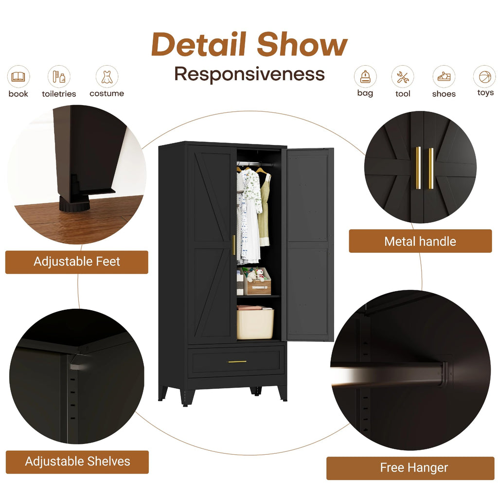 71" H Armoire Wardrobe Closet with 1 Drawer, Metal Wardrobe Closet with Doors and Adjustable Shelves, Wardrobes