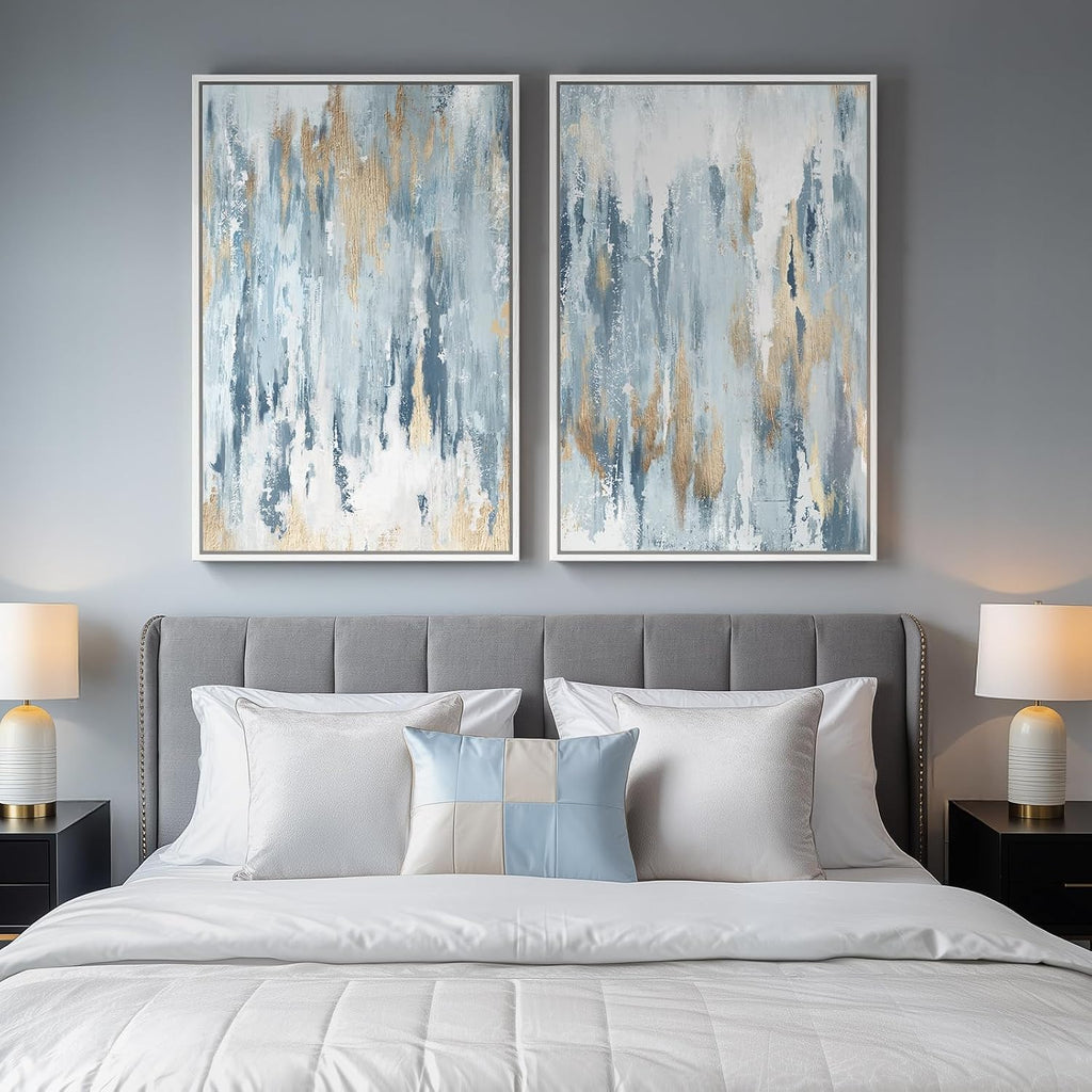 Large White Framed Blue and Gold Abstract Canvas Wall Art, 2 Piece Modern Minimalist Prints Paintings Artwork