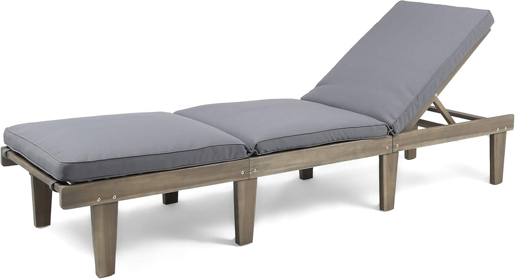 Outdoor Acacia Wood Chaise Lounge, Grey Finish/Dark Grey Cushion