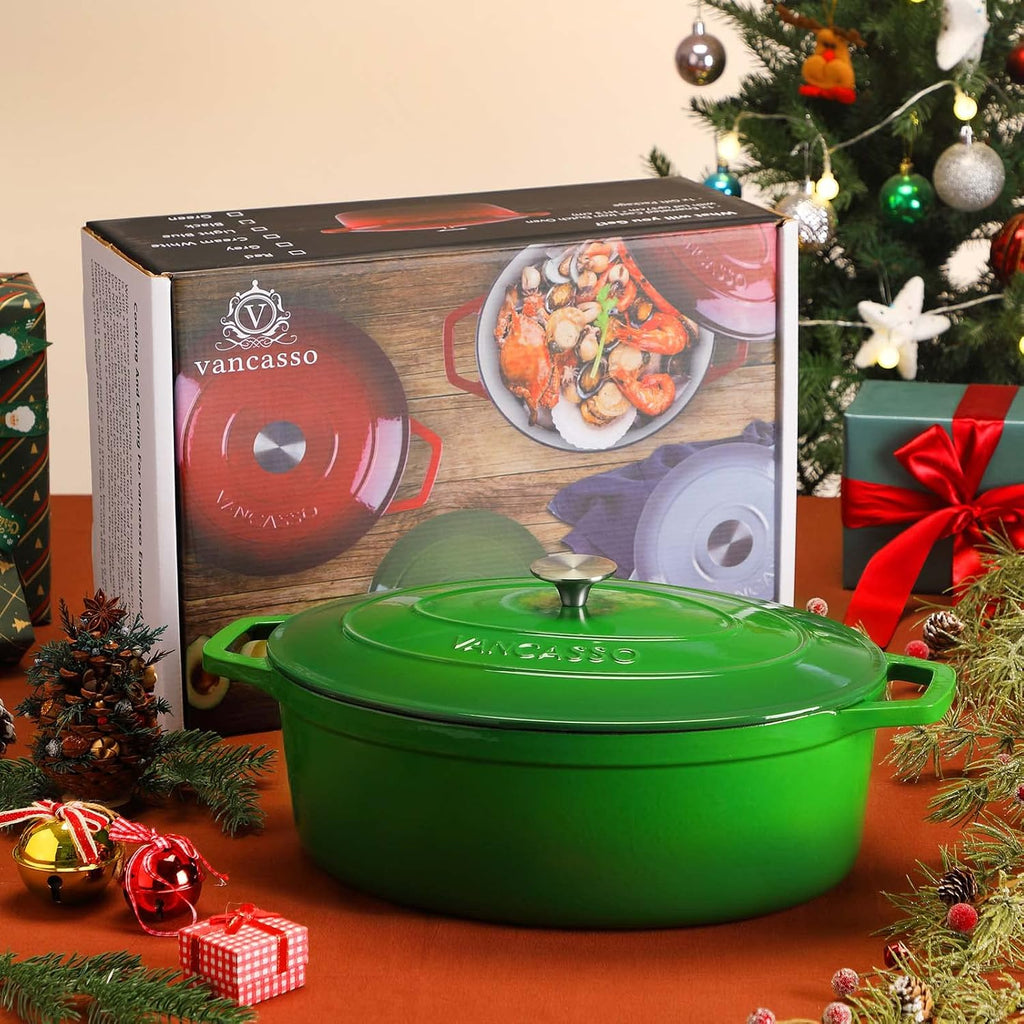 9.3 Qt Oval Enameled Cast Iron Dutch Oven with Lid, Green | Ideal for bread baking, roasting & braising. Self-basting