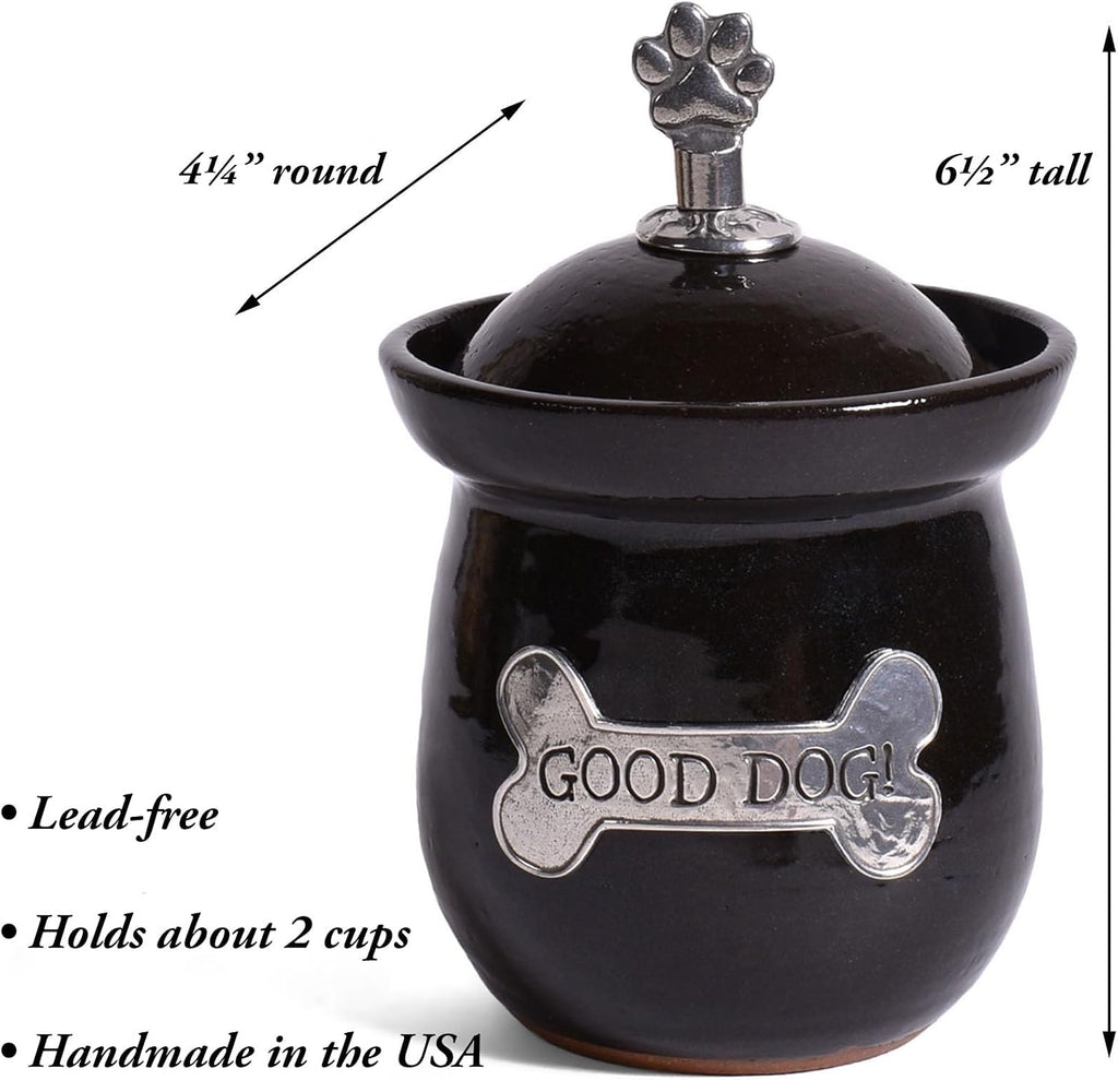 American Handmade Good Dog! Small Treat Jar with Pewter Plaque and Paw Print Finial by, Black