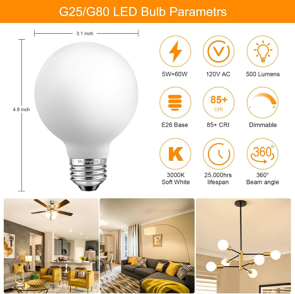 Dimmable Globe LED Light Bulbs 60W, Soft White 3000K, 500LM, 4Pack
