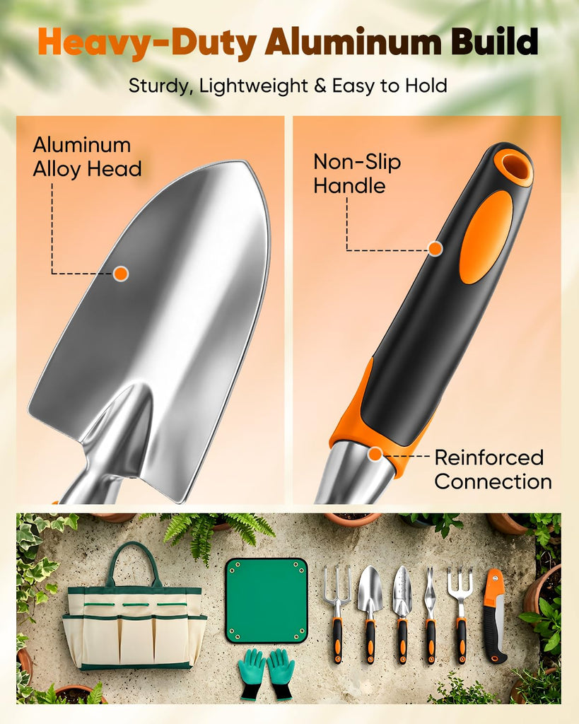 Garden Tool Set Gardening Tools - Heavy Duty Aluminum Tool Kit with Non-Slip Handle, Gardening Gloves and Tool Bag