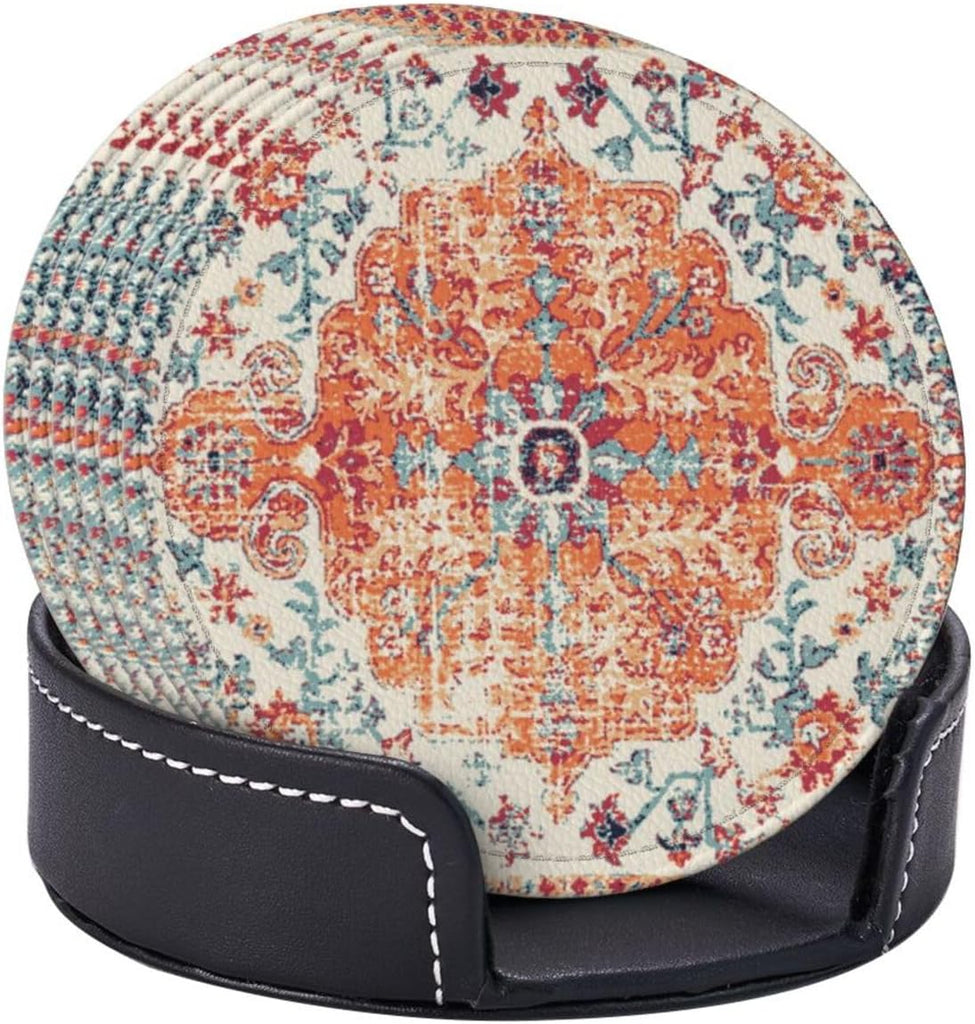 Vintage Retro Ethnic Boho Coasters for Drinks Round Leather Coaster with Holder for Tabletop Protection Desk - Set of 6