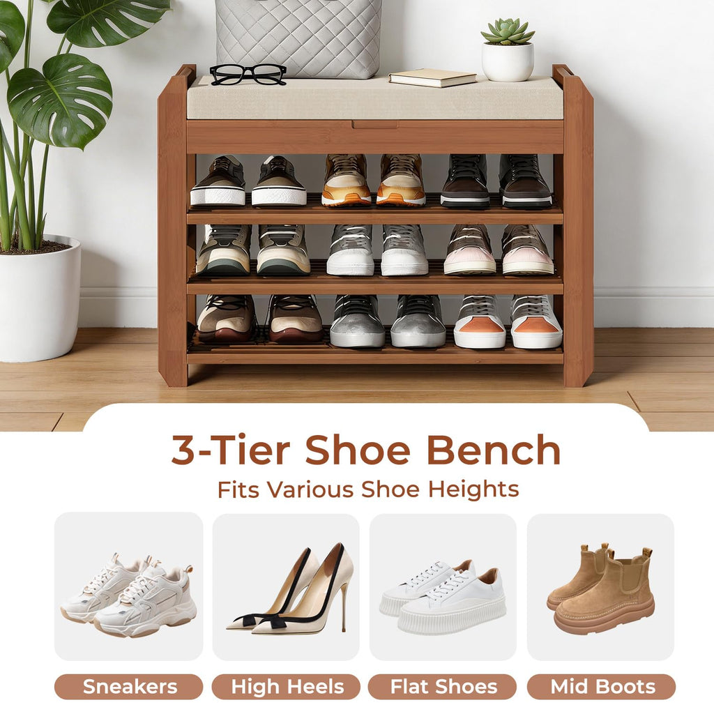 27.6" Entryway Shoe Rack Bench with Cushion, 3-Tier Storage Bench