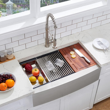 33 Inch Farmhouse Sink, 33x20 Brushed Nickel Stainless Steel Undermount Single Bowl Apron Front Handmade 16 Gauge 9"