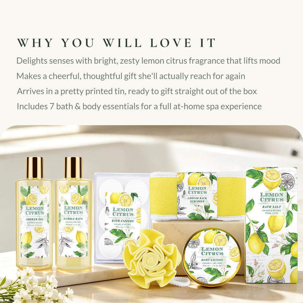 Lemon Bath Gift Set for Women, Spa Gift Basket & Self Care Birthday Gifts