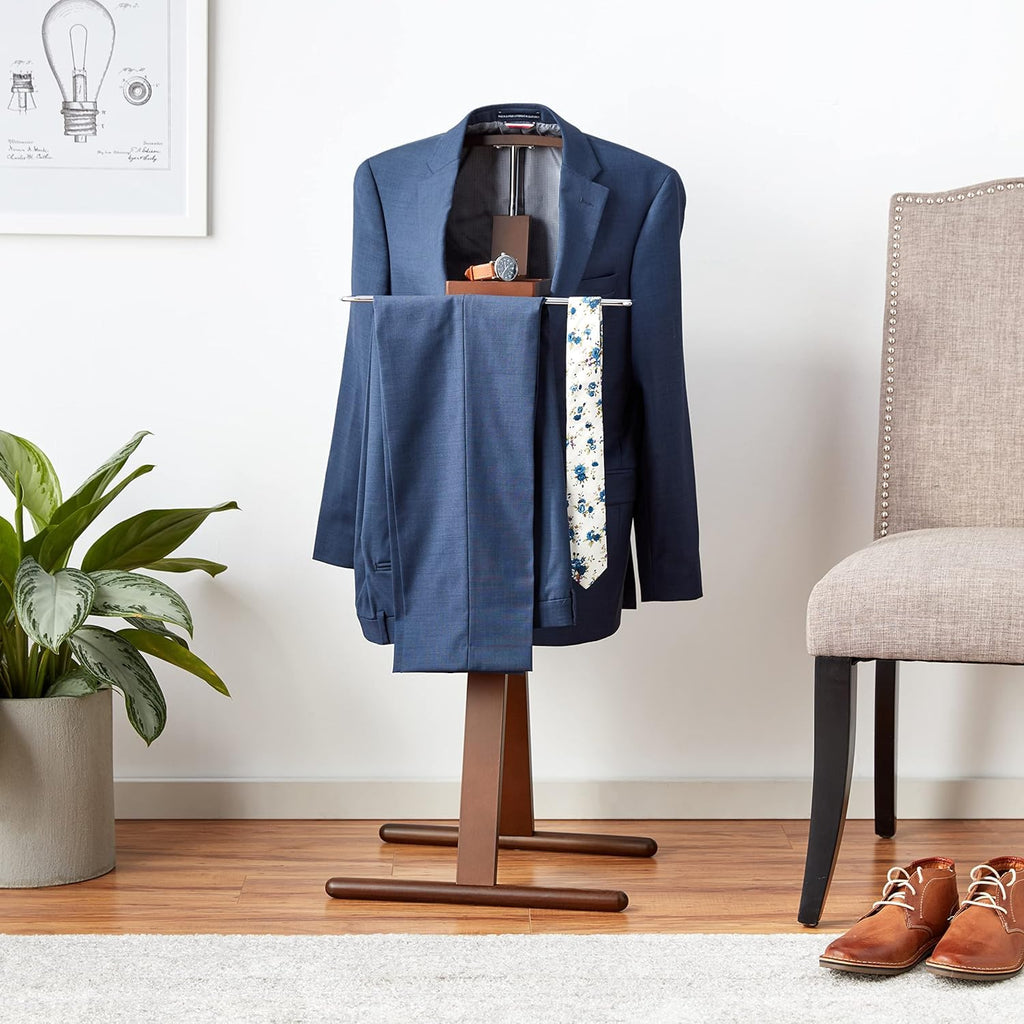 Josh Freestanding Wooden Valet Stand Organizer with Tray, Hanger, Trouser Bar, Walnut
