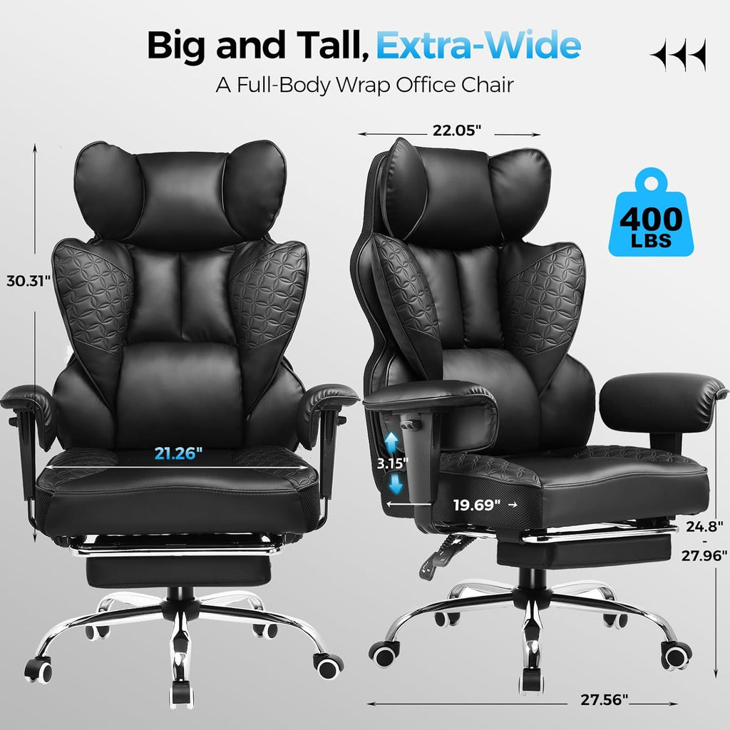Big and Tall Gaming Chair 400lbs Heavy Duty Office Chair with Foot Rest & Ergonomic Pocket Spring Lumbar Support