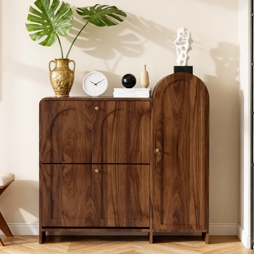 Arched Cabinet with Doors-Shoe Cabinet, Hidden Shoe Rack, Shoe Stand Compact Shoe Storage in Walnut