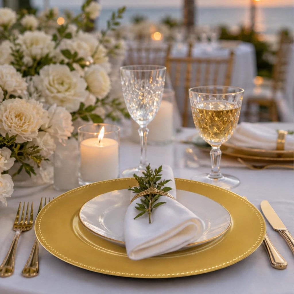 Plastic Gold Charger Plates, 13" Round Beaded Charger Plates for Wedding, Catering Event, Tabletop Decor - Set of 12