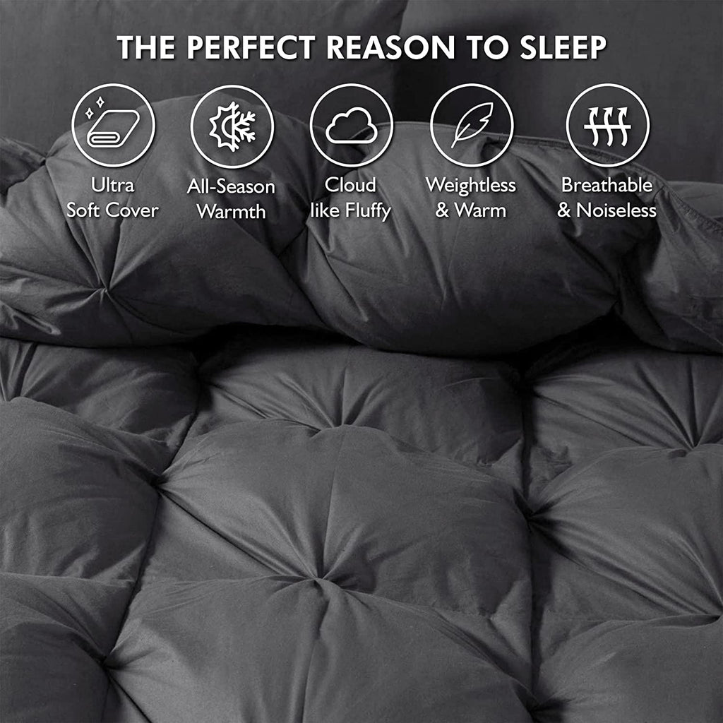 Luxurious Palatial /Super Goose Down Comforter, 120 X 90 inches, Unique Gray Pinch Pleat, 600 Thread Count
