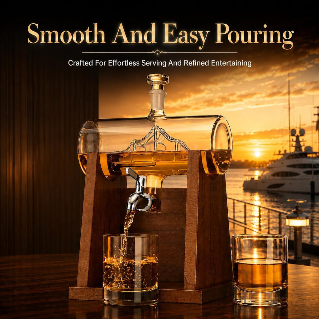 Ship Whiskey Decanter Set for Men, 1250ml Liquor Decanter Gift with Ship Inside, 2 Whiskey Glasses & Wooden Stand