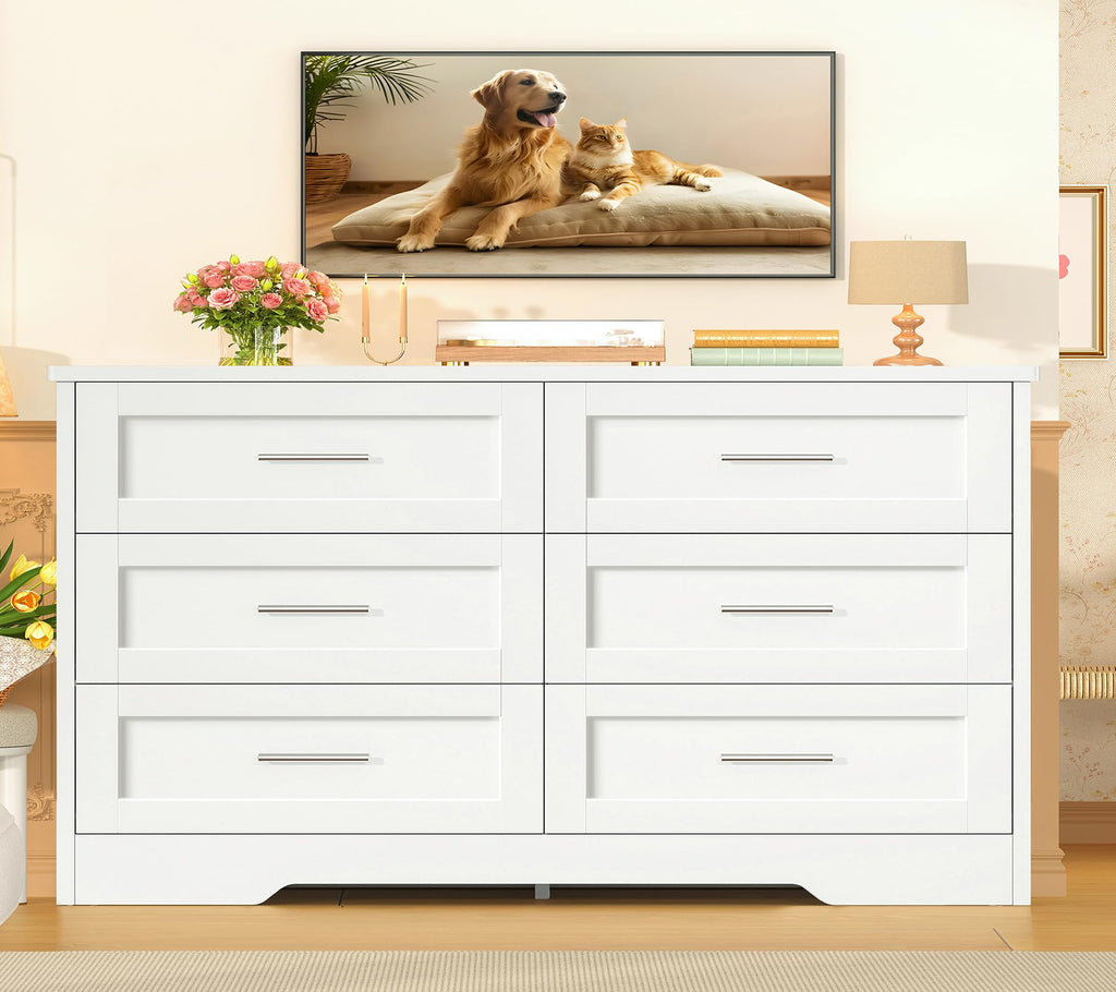 42.1"W White Dresser, Modern 6 Drawer Dresser with Metal Handles, Wood Dressers & Chest of Drawers, Wooden Closet