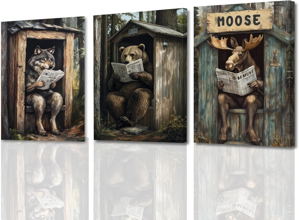 Funny Bathroom Wall Art Forest Wildlife Poster 3 Panel Wolf Bear Moose on Outhouse Toilet Canvas Print Funny Animals