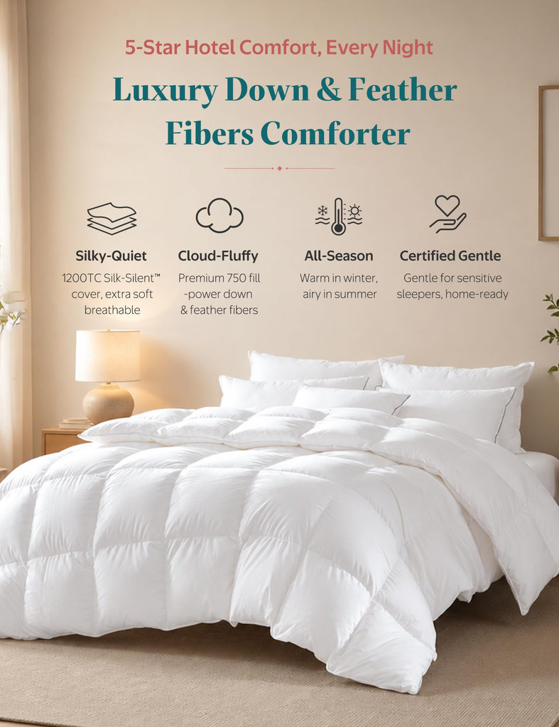 Goose Down Feather Fibers Comforter Super King, All-Season Duvet Insert Ultra-Soft Silk-SilentTM Fabric