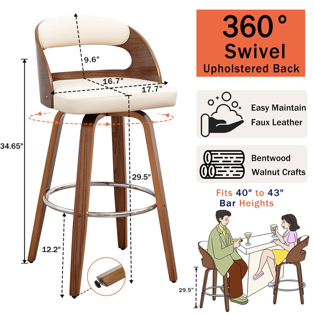 Mid Century Bar Stools with Walnut Bentwood Frame, 29.5" Bar Height