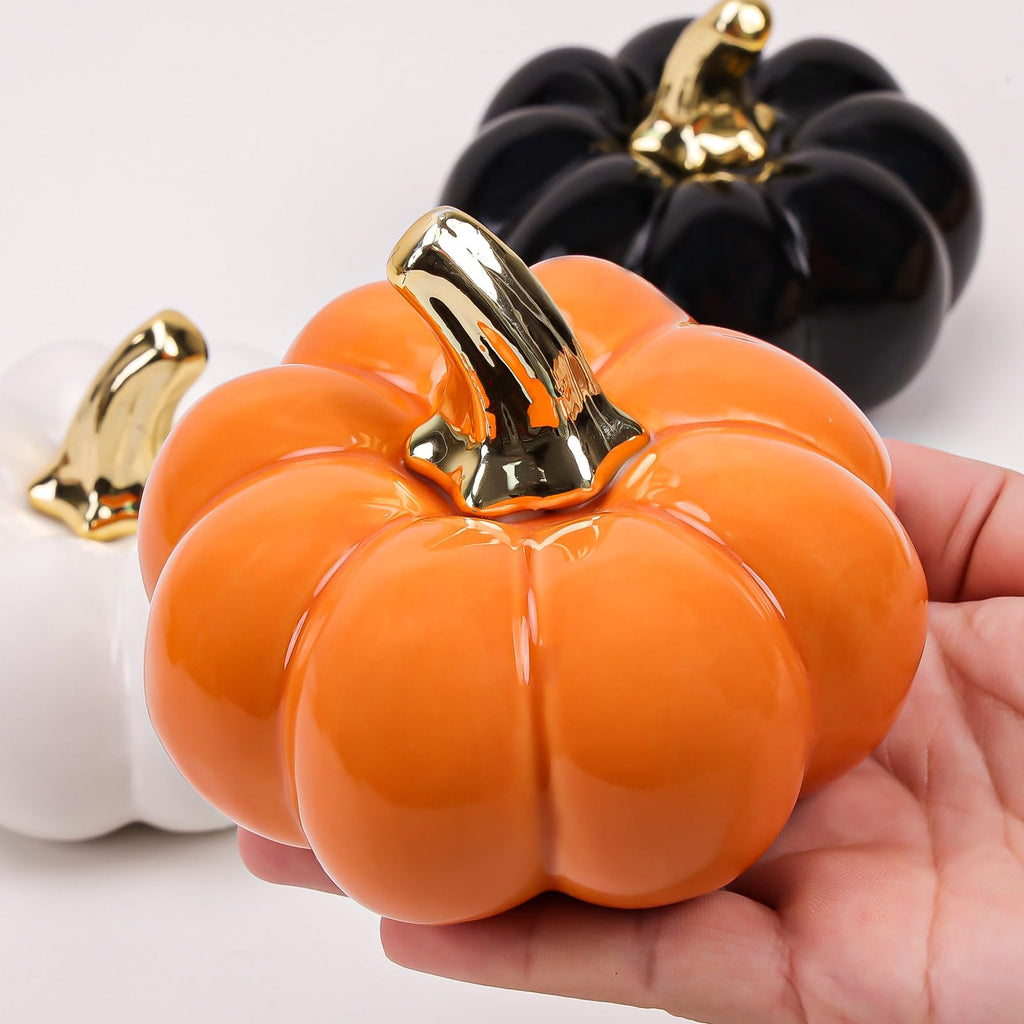 4 Inch Ceramic Pumpkins for Fall Home Decorations - Orange