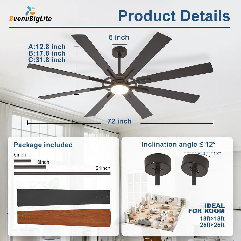 Large Ceiling Fans with Lights: Modern 72 Inch 8 Blade Outdoor Ceiling Fan with Remote APP Control - Dimmable Black