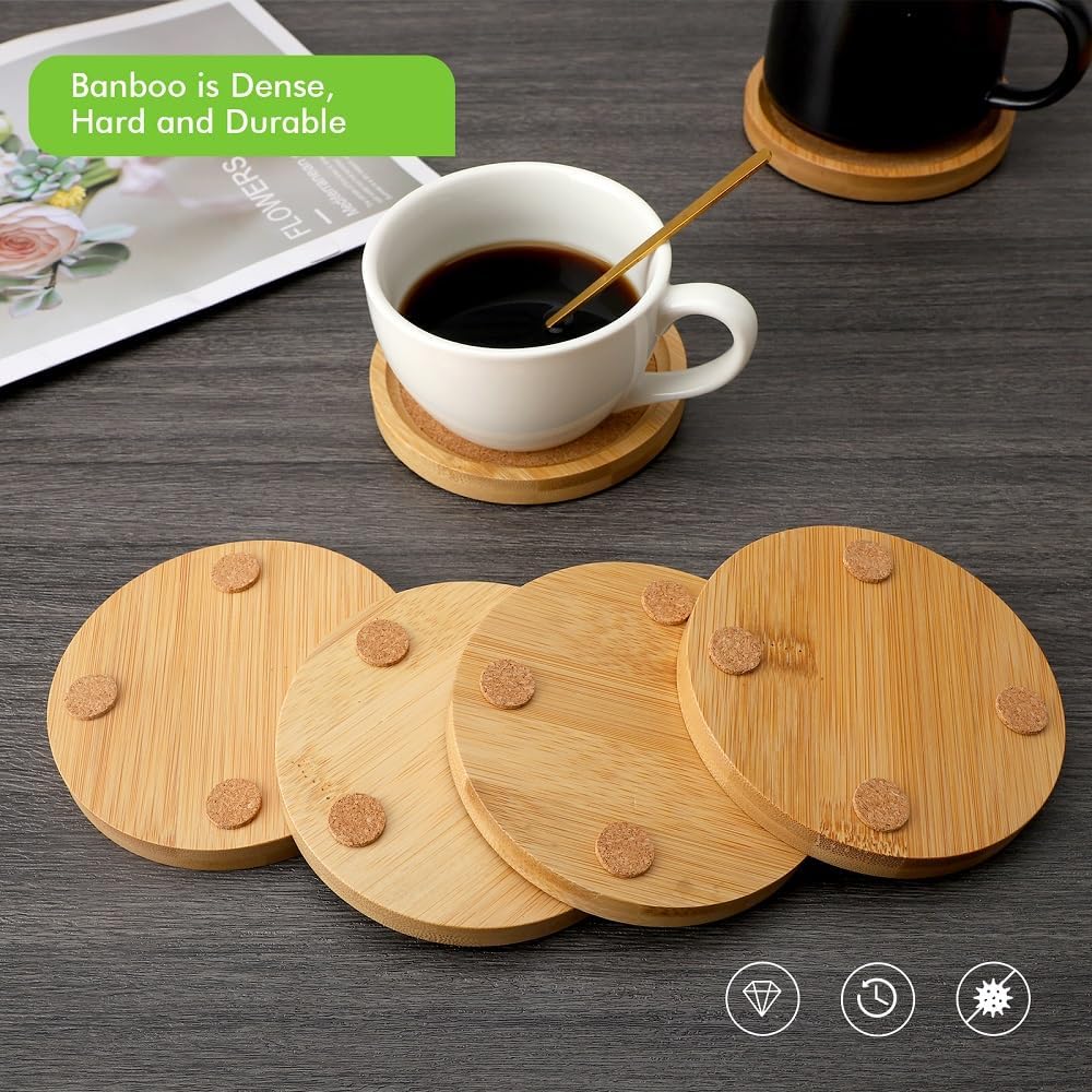 Bamboo Cork Coasters for Drinks Absorbent with Holder, Bamboo Coasters for Drinks Coaster Sets Rustic - Set of 6