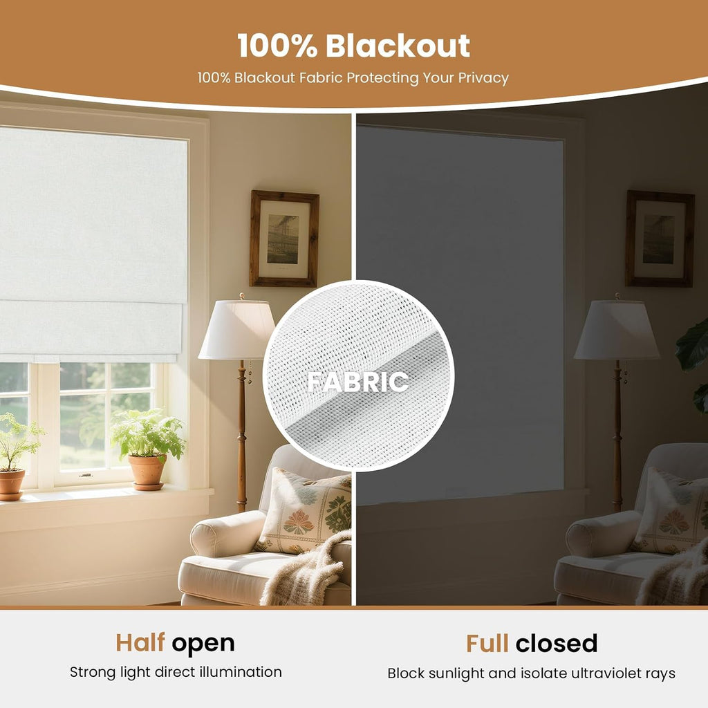 No Drill Cordless Roman Shades for Windows,34" Wx64 H,Blackout Fabric Blinds for Indoor Windows,UV Privacy Protection