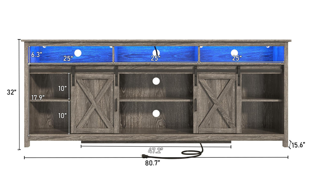 Farmhouse TV Stand for 90/85 inch TVs, Rustic Entertainment Center TV Cabinet Stands with Power Outlets, Grey
